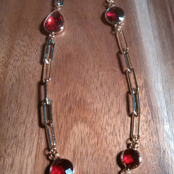 Simulated Ruby Ion Plate Yellow Gold Stainless Steel Paperclip Necklace - Picture 9 of 13